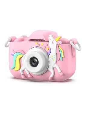 Kids Digital Camera Unicorn Cartoon Case 32G SD Card 1080P Video 3-8 Years Pink
